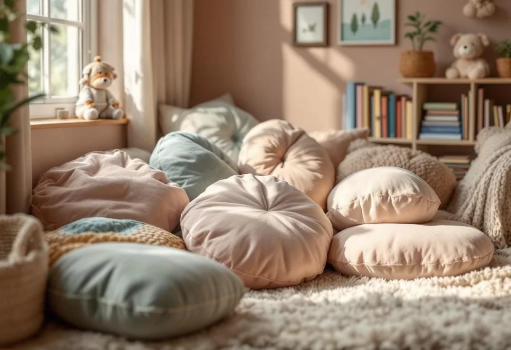 Créez un coin lecture enfant avec des coussins ronds pour une ambiance cosy