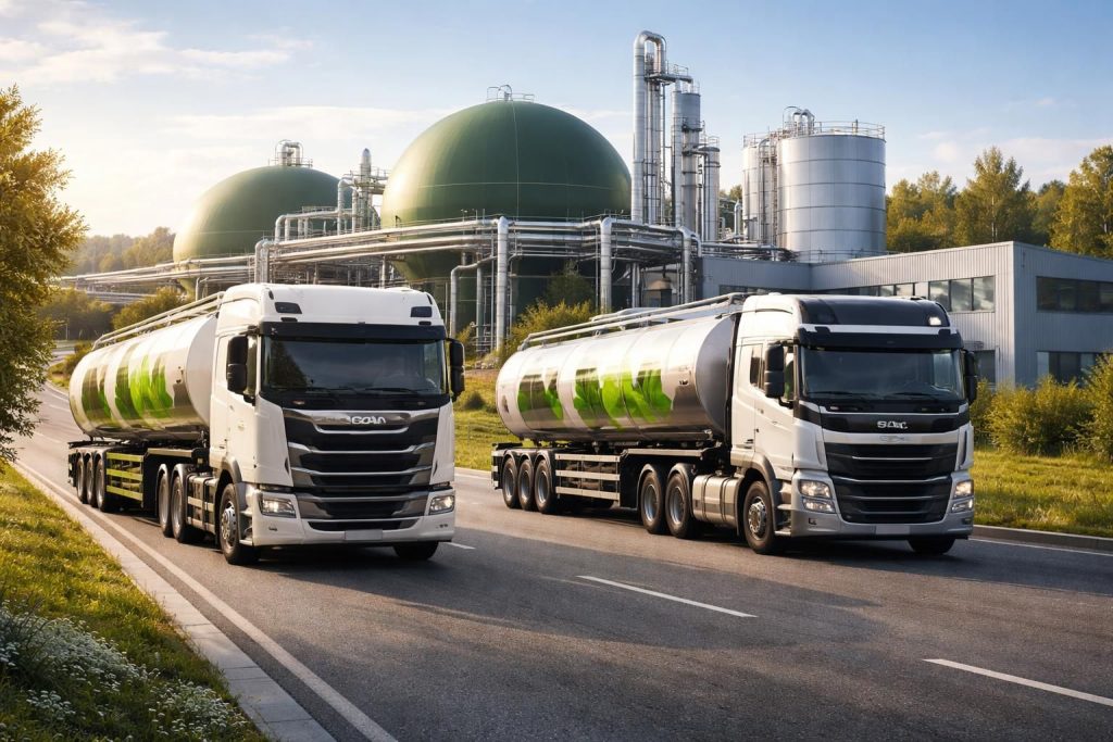 Logistique biogaz avec des semi-remorques Scania et Volvo pour les installations énergétiques