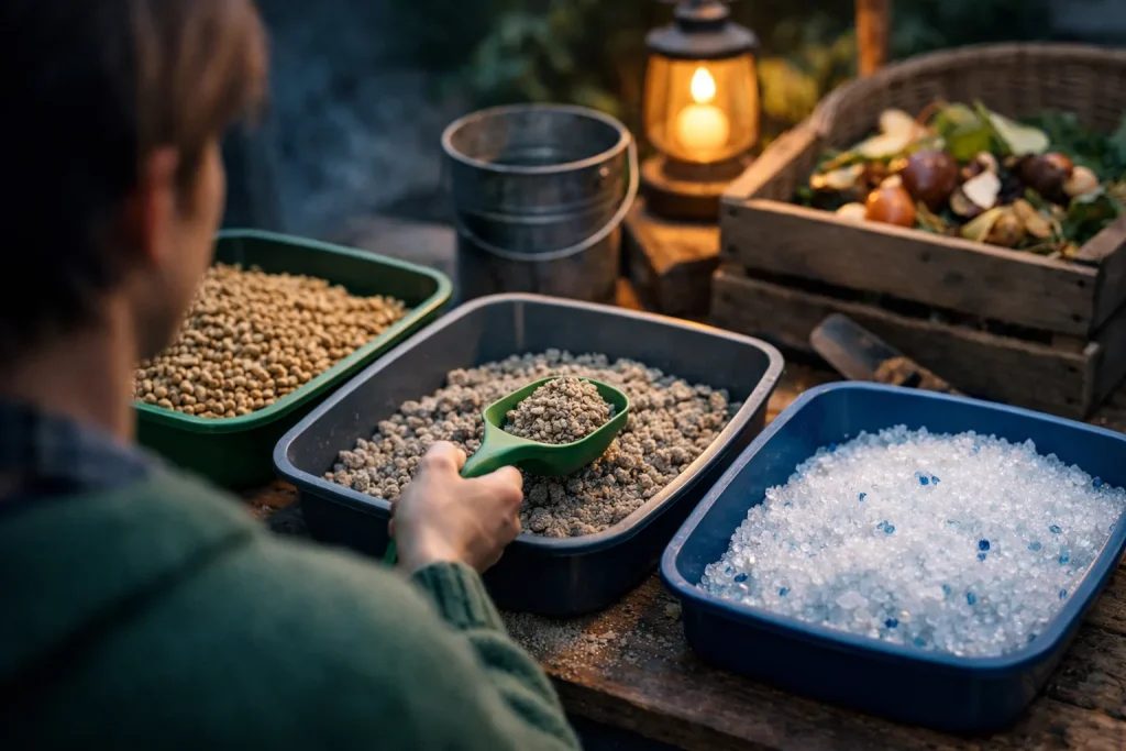 Litière pour chat : végétale, minérale, silice — impact environnemental, déchets et compost