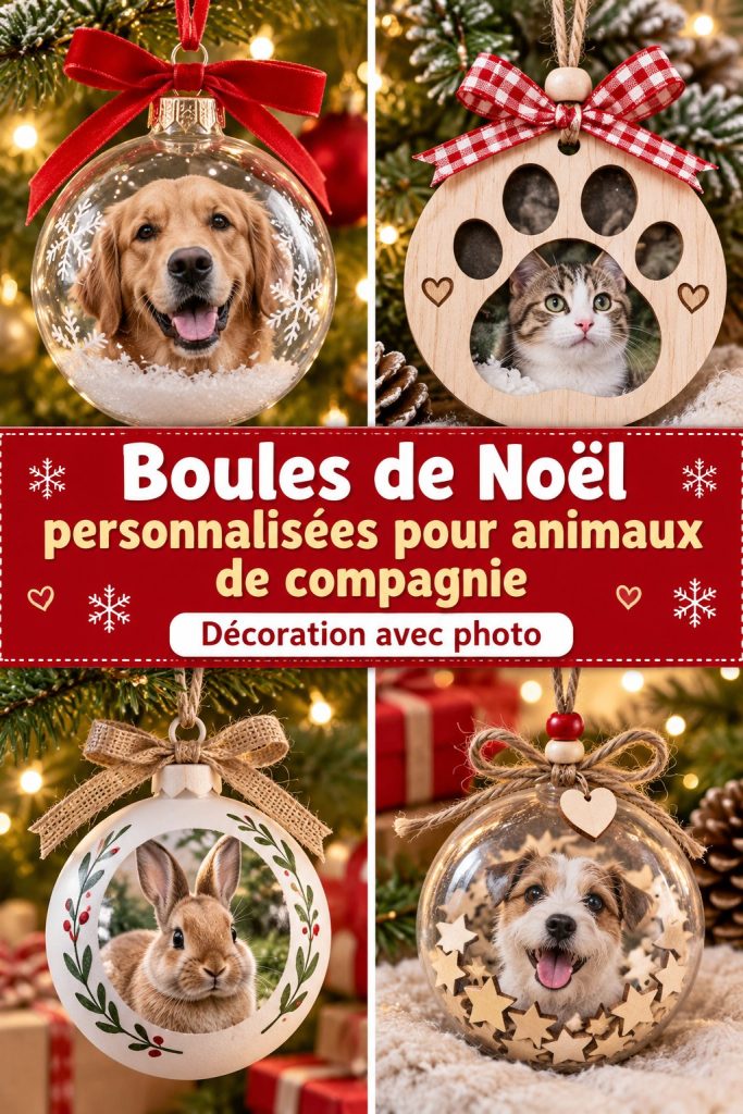 Boules de Noël personnalisées, ornées de portraits d'animaux de compagnie.