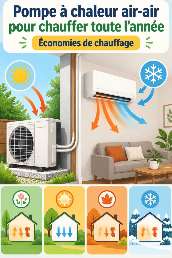 Pompe à chaleur air-air installée dans une maison moderne, offrant confort thermique toute l'année.