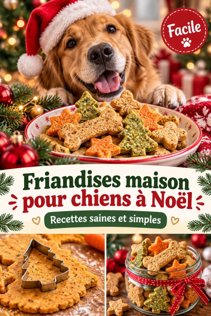 Des friandises maison pour chiens préparées pour Noël avec un décor festif.